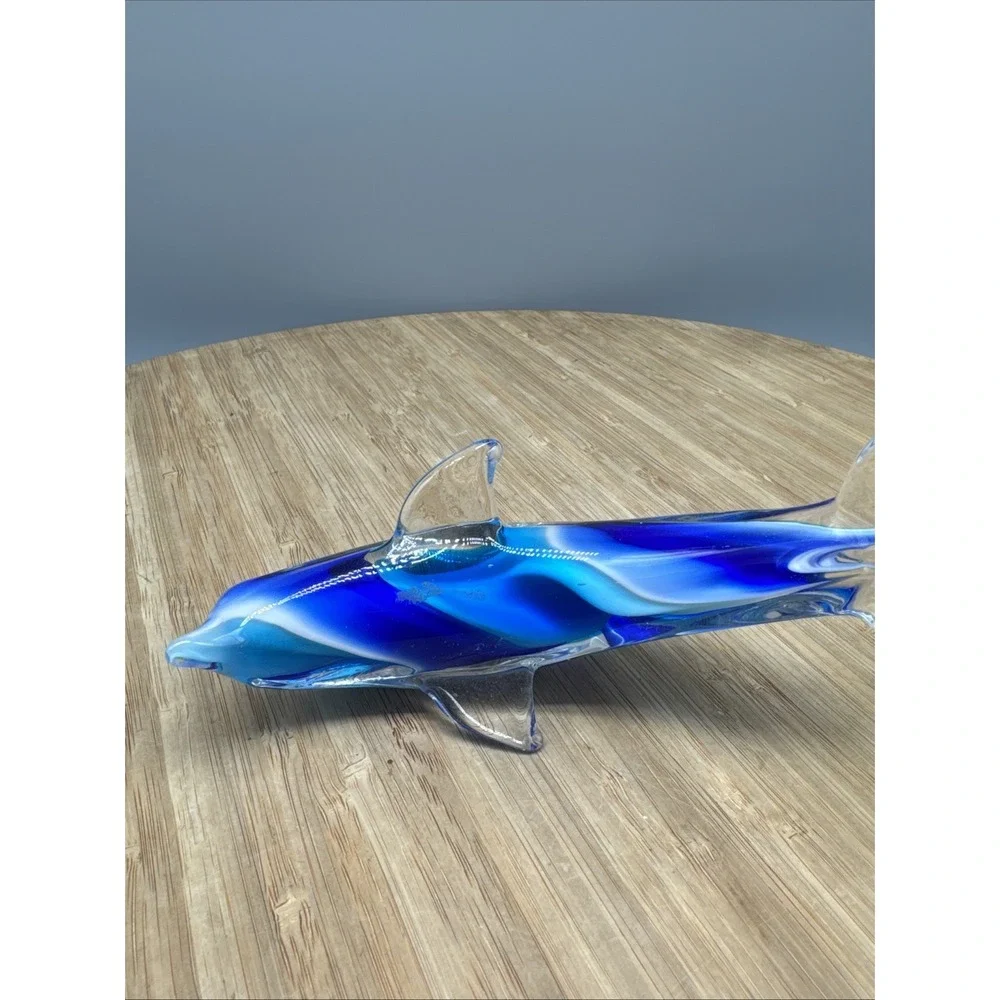 Hand Blown Art Glass Aqua-Blue Swirl Jumping Dolphin Figurine Paperweight 6 inch